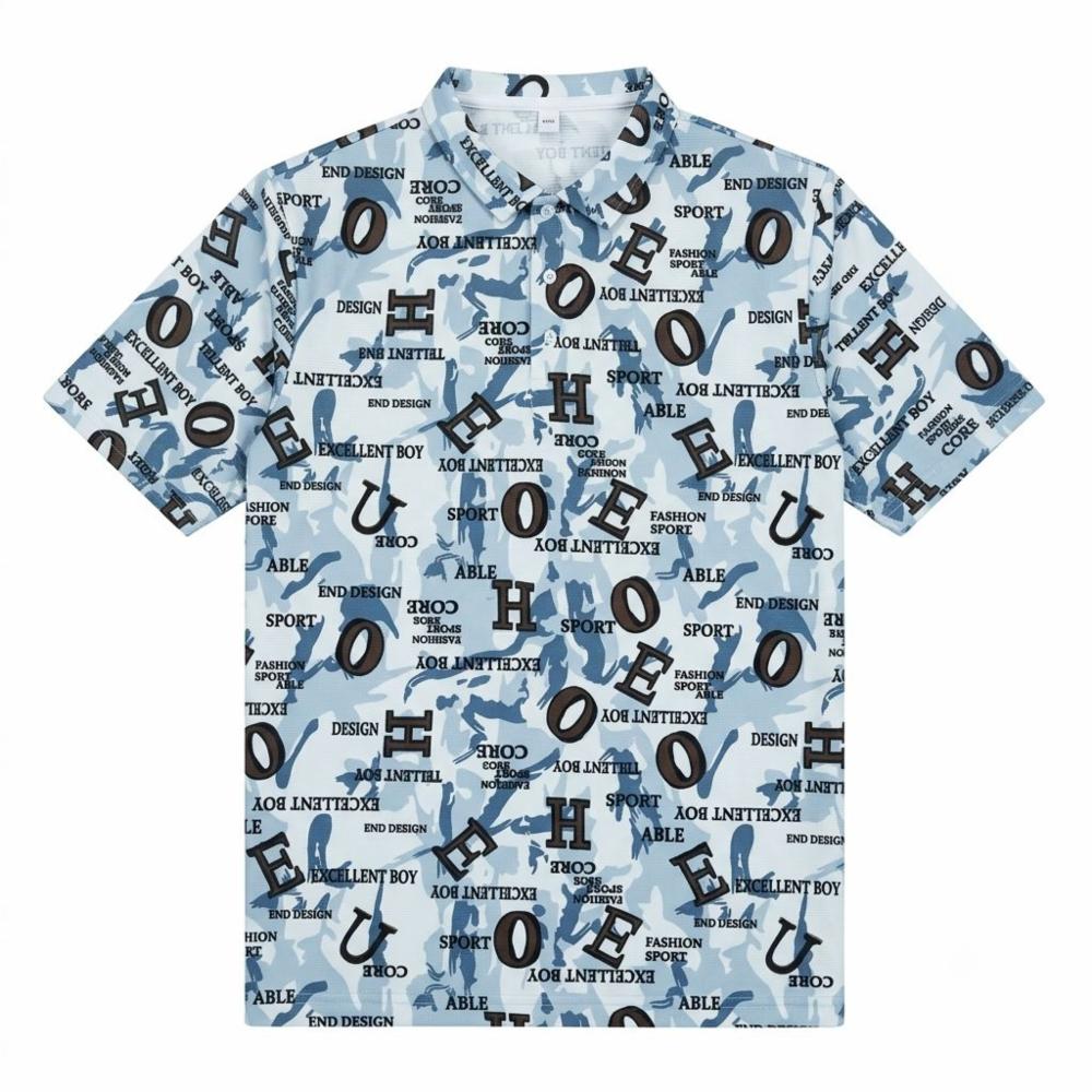 Men's Light Blue Typography Printed Polo T-Shirt with Short Sleeves 