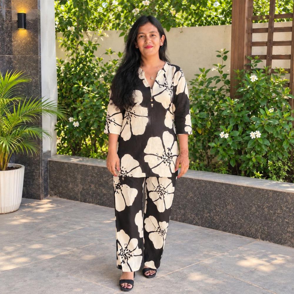 Black & Cream Floral Printed Women's Co-ord Set