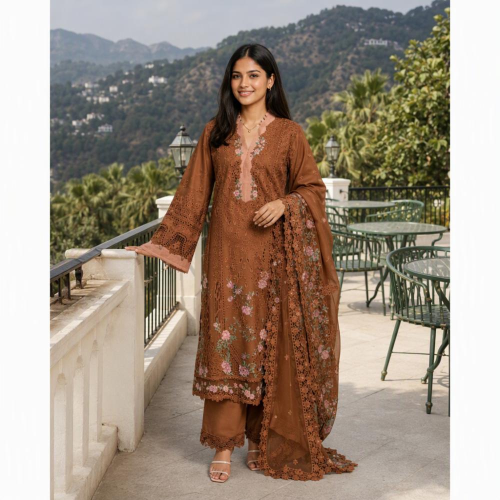 Premium Unstitched Cambric Cotton Embroidered Suit Set
