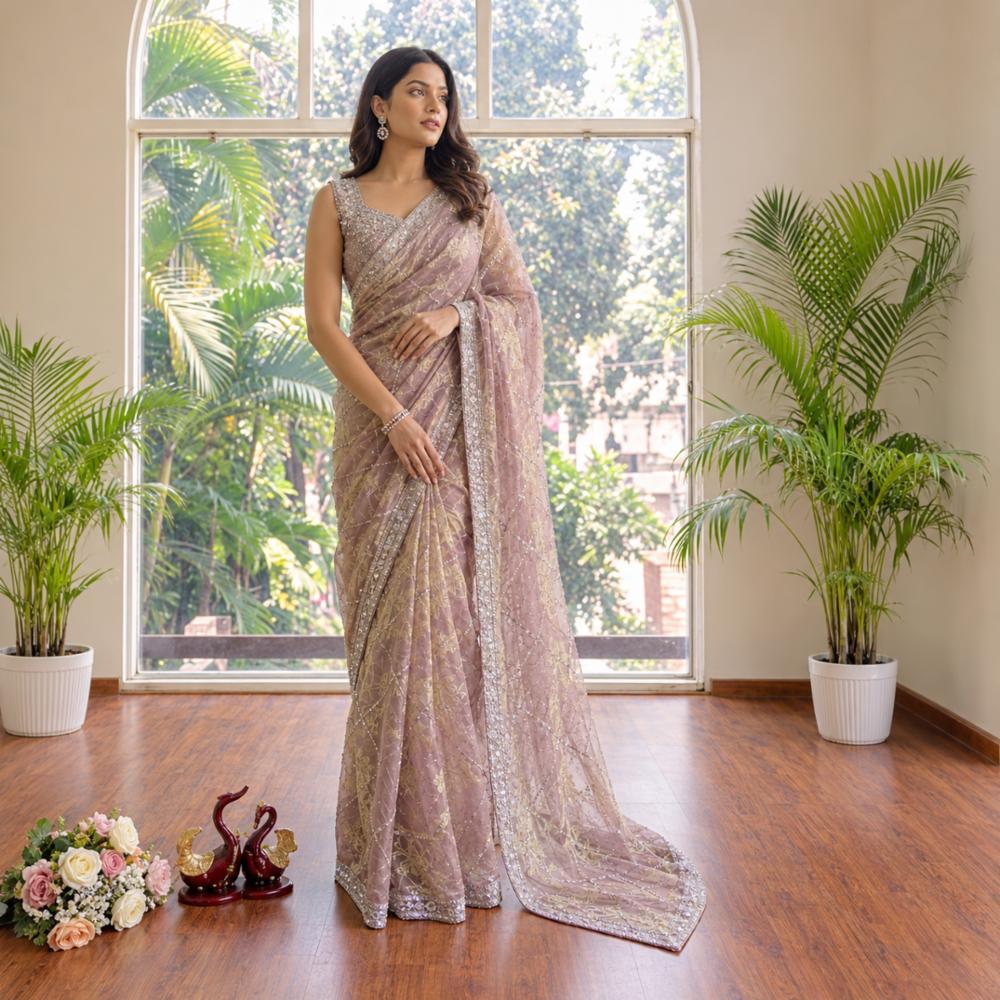 Black Space Silk Saree with Diamond Work and Blouse