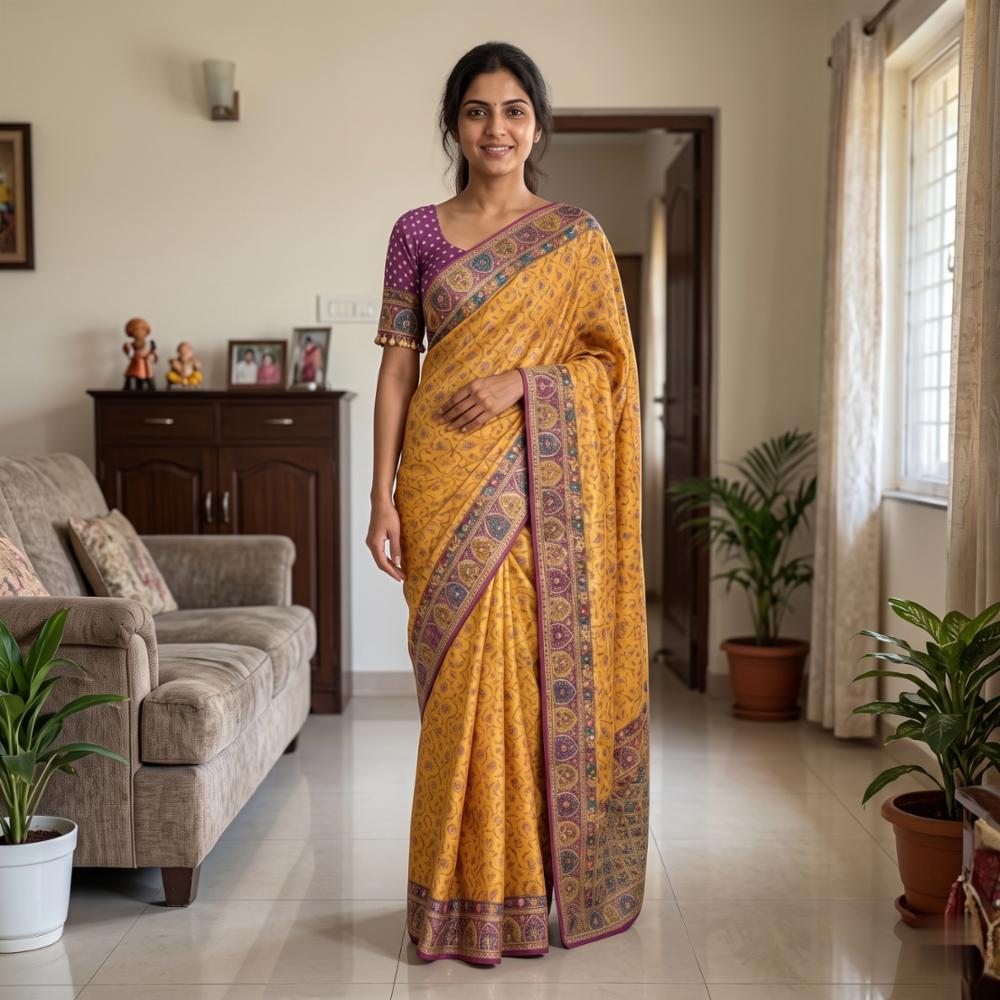 Women's Soft Chinon Designer Saree with Multicolour Traditional Print, Gold Zari, Mirror and Diamond Work