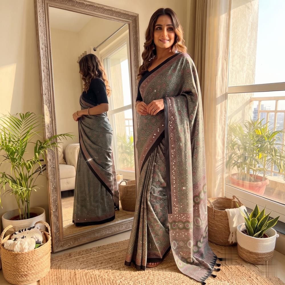 Premium Ajrakh Print Saree with Real Mirror Work & Designer Latkan