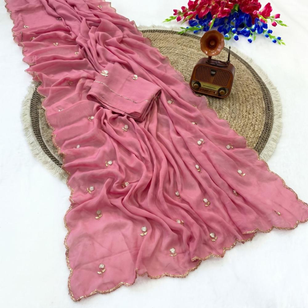 Two Tone Crush Silk Saree with Cutdana and Moti Work!