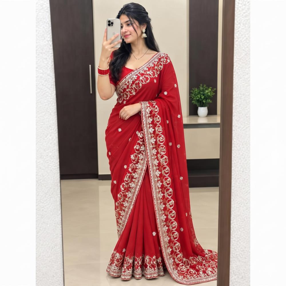Women's Red Soft Georgette Saree with Heavy Gota Foil and Multi-Thread Zaal Work