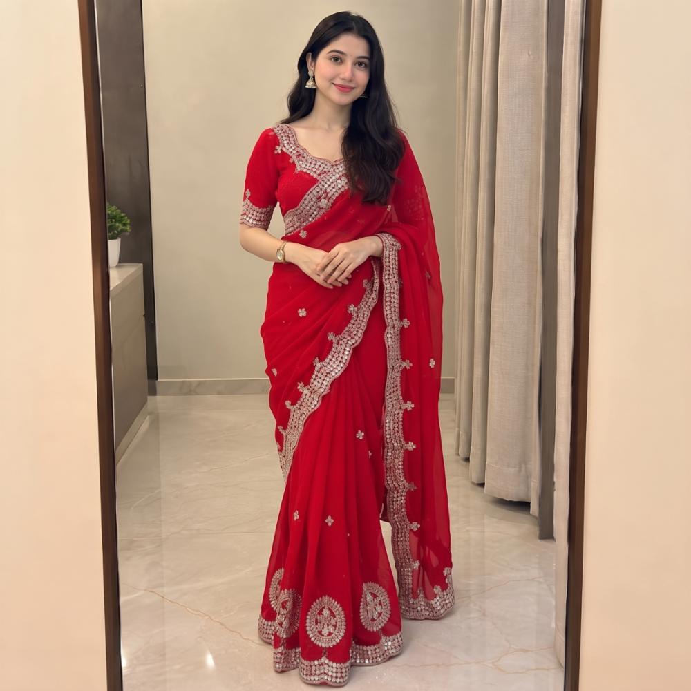 Red Premium Georgette Saree with Gota Patti Work, Multi-Thread Zaal & Designer Cutwork Border