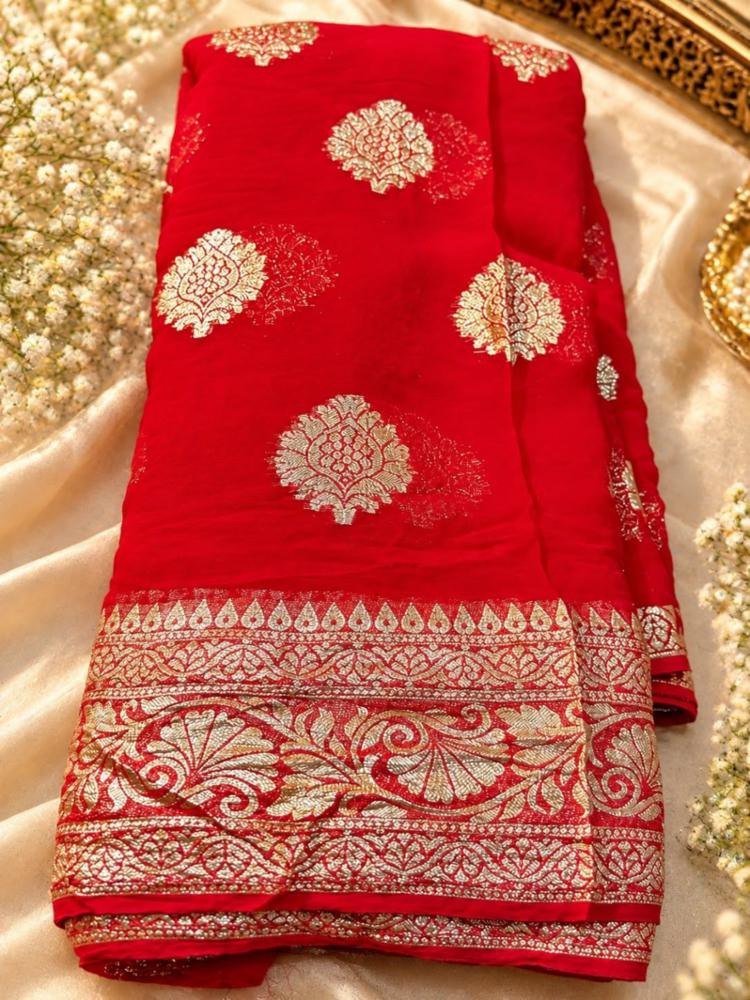Red & Rani Pink Georgette Saree with Golden Zari Work