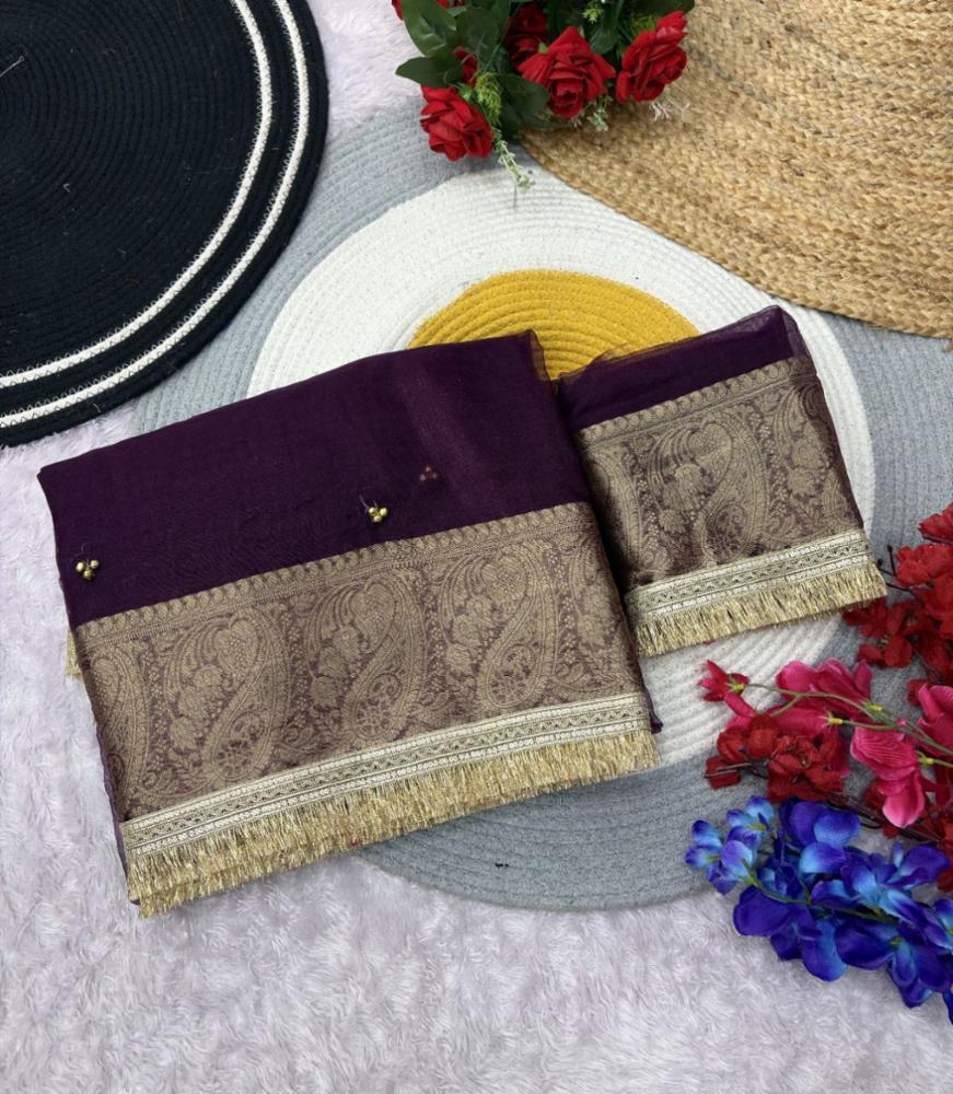 Pure Nylon Organza Saree with Jacquard Border and Hand Work Ghunghru