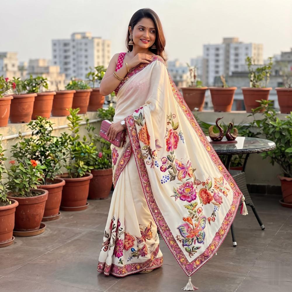 Women's Floral & Butterfly Print Georgette Saree with Real Mirror Work and Designer Lace Border