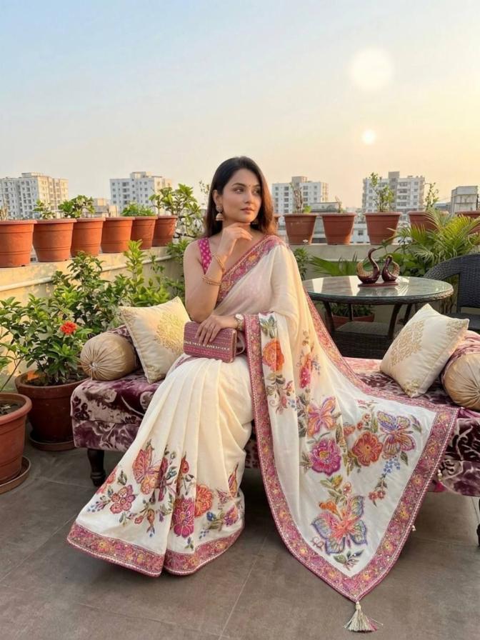Women's Soft Georgette Saree with Butterfly and Floral Print, Mirror Work and Designer Lace Border