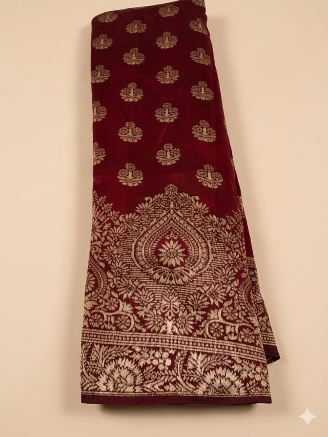 Women's Semi-Silk Saree with Rich Golden Floral and Paisley Zari-Style Border