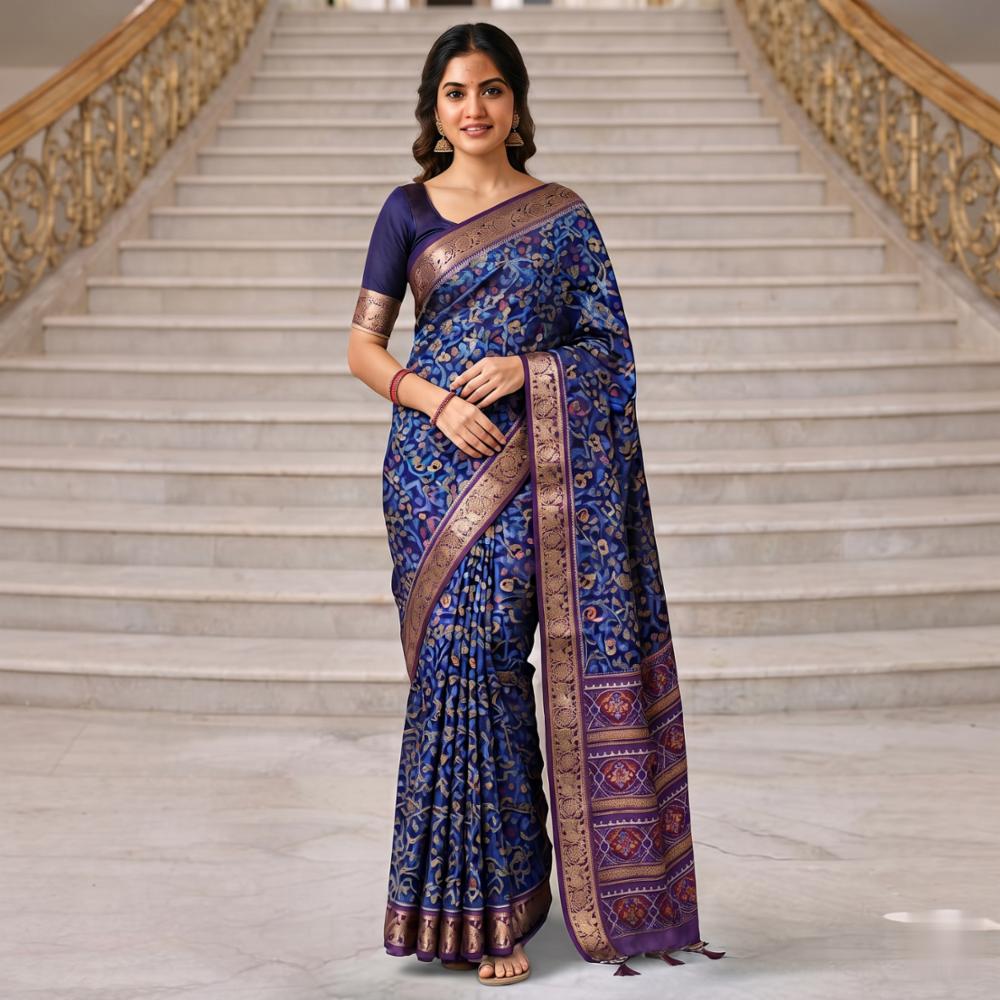 Royal Blue Patola Print Silk Saree with Purple Contrast Pallu & Golden Jacquard Zari Border