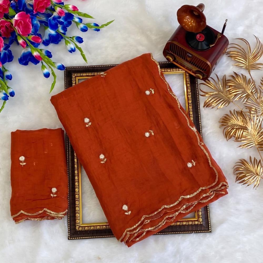 Soft Two Tone Crush Silk Saree with Handwork Blouse and Triple Layer Cutdana Border
