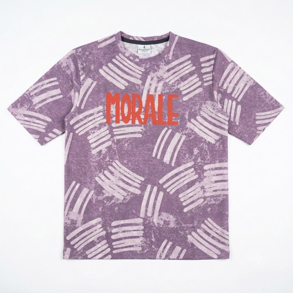 Men's Purple Graphic Print T-Shirt with MORALE Text and Abstract Pattern, Short Sleeve Crew Neck Casual Tee