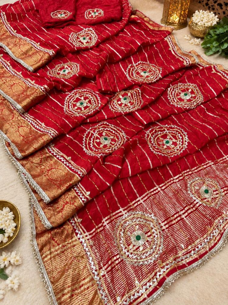 Ho Silk Red Zari Weaving Saree with Gota Work and Blouse