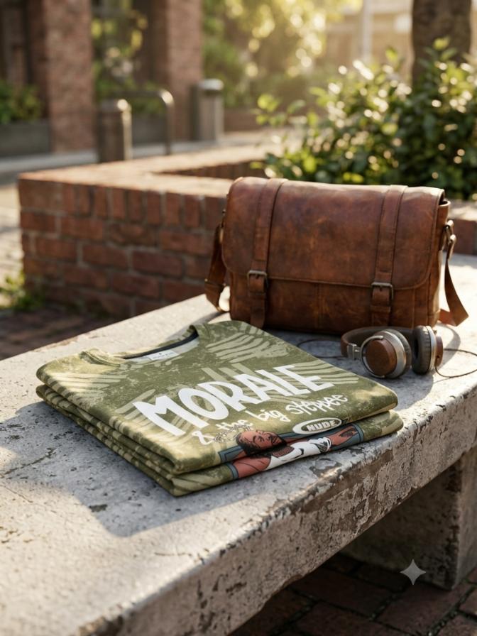 Men's Olive Green Printed Oversized Round Neck T-Shirt — "Morale & The Big Steppers" Graphic Back & All-Over Patterned Crew Neck Short Sleeve Tee