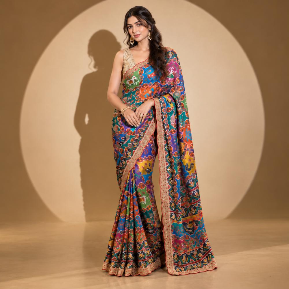 Georgette Digital Print Patola Sequins Saree with Embroidered Blouse