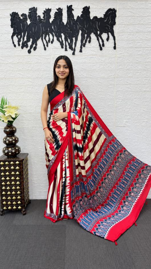 Japan Satin Silk Saree with Heavy Mirror Work