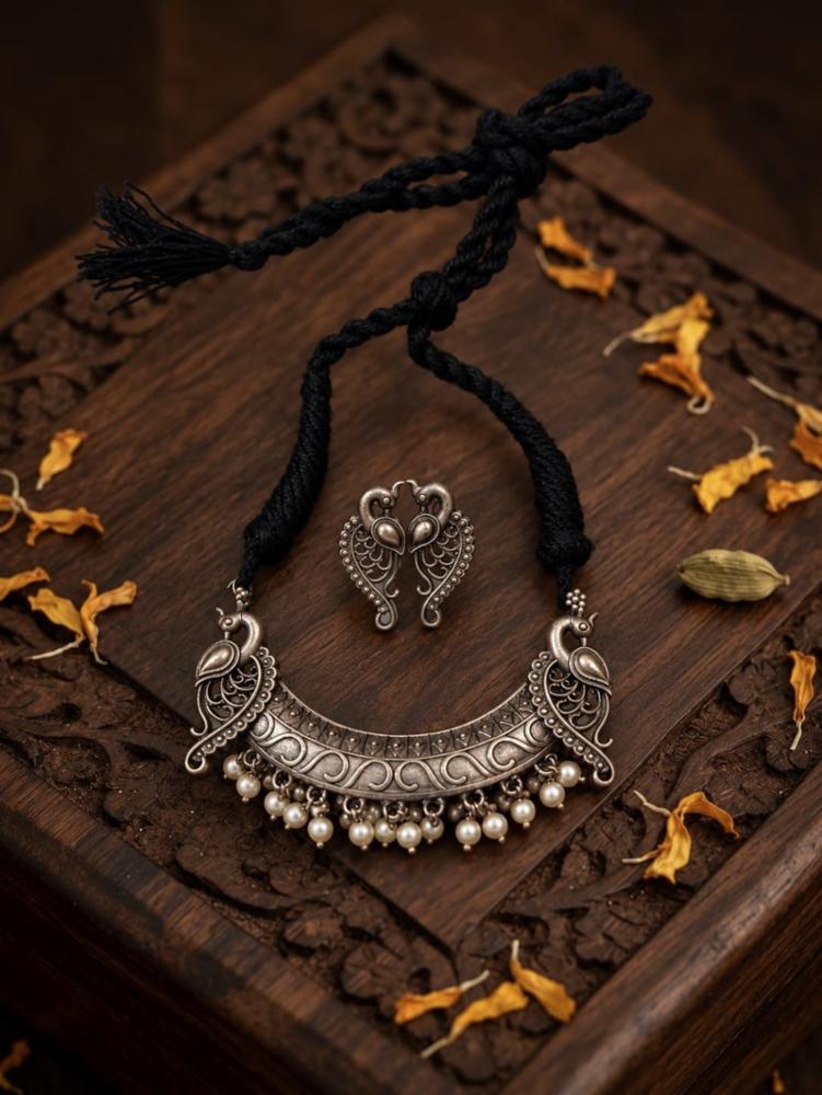 Premium Peacock Design German Silver Polish Adjustable Necklace with Stud Earrings