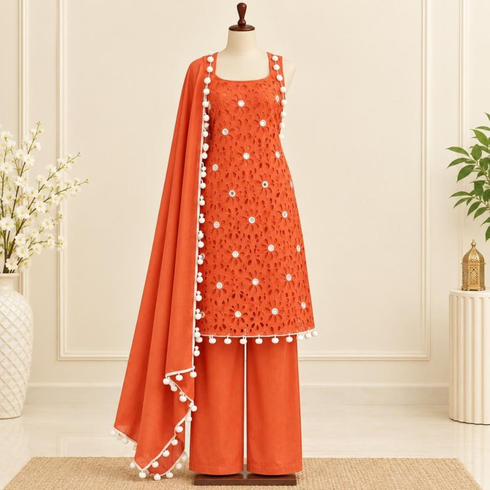 Stitched Cotton Lucknowi Embroidery Suit with Dupatta