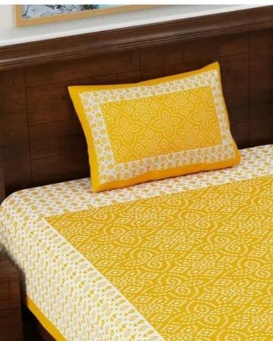 Single geometric mustard cotton bedsheet with 1 matching pillow cover