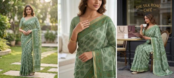 Premium Sage Green Cotton Printed Saree with Elegant Half-Inch Zari Border