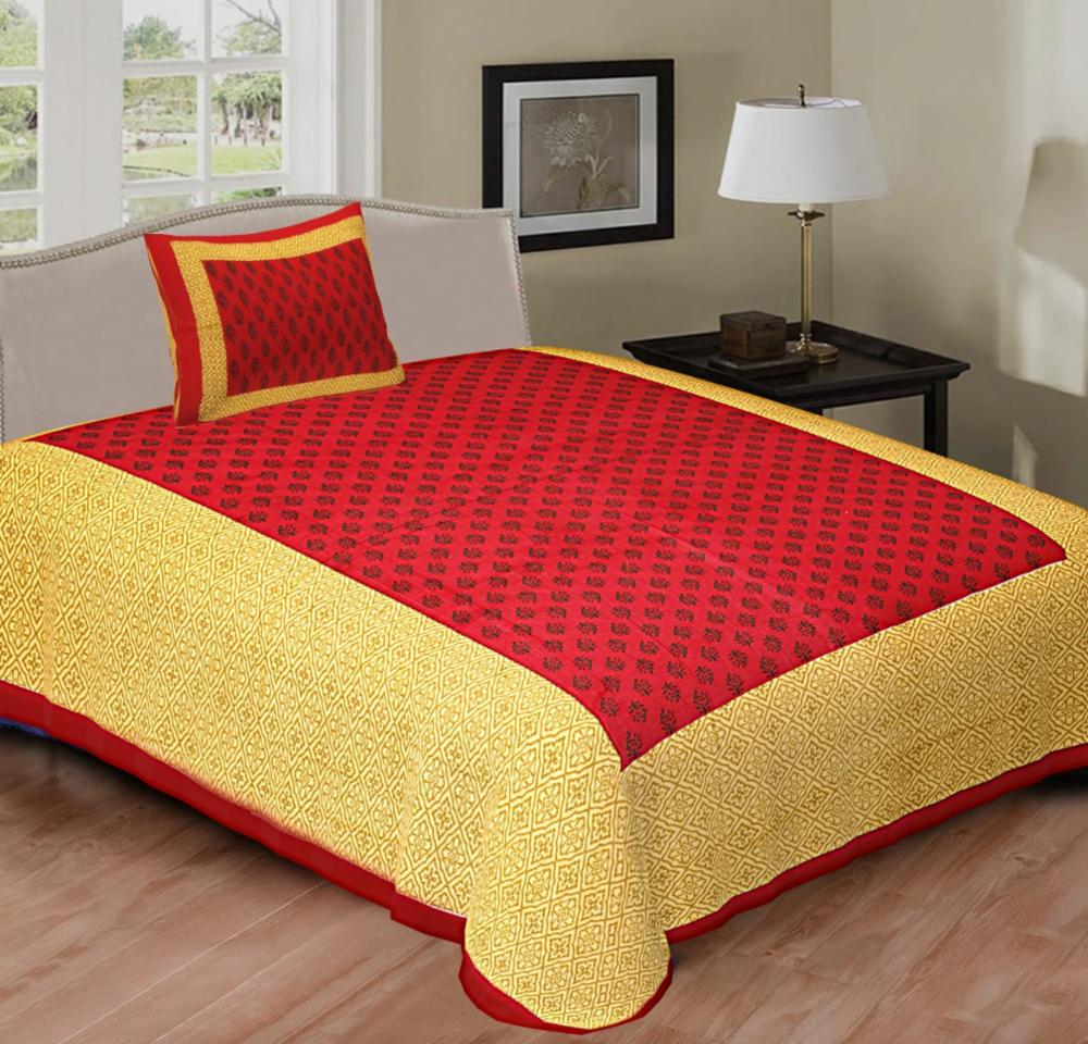 Single geometric patterned red and mustard cotton bedsheet with 1 matching pillow cover