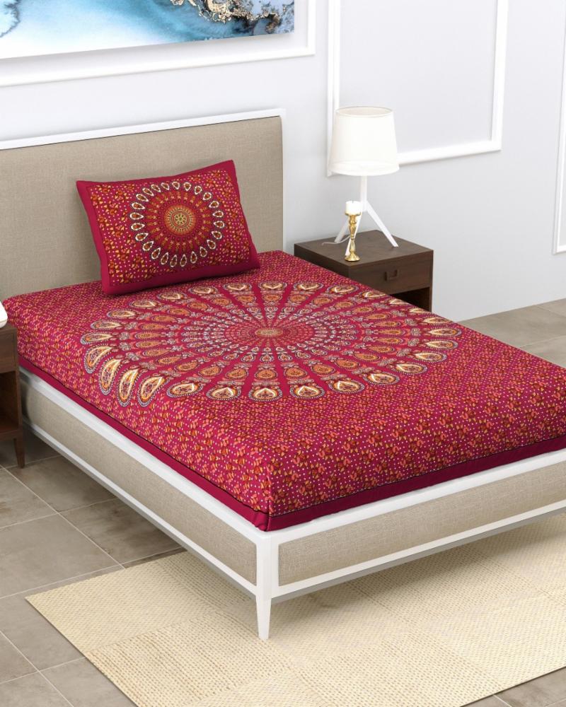 Single maroon floral patterned cotton bedsheet with 1 matching pillow cover