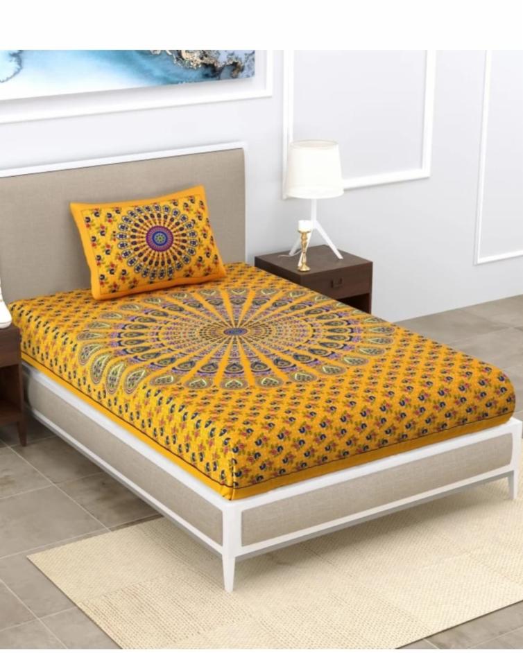 Single mustard floral patterned cotton bedsheet with 1 matching pillow cover