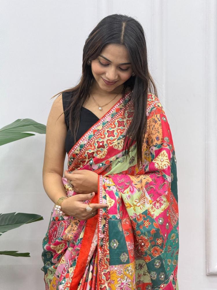 Chinon Silk Saree with Real Mirror and Aari Work