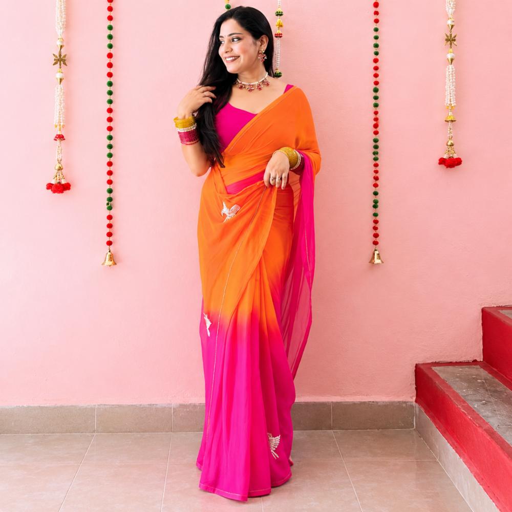 Half Pure Chiffon Handwork Shaded Multicolor Saree with Contrast Blouse
