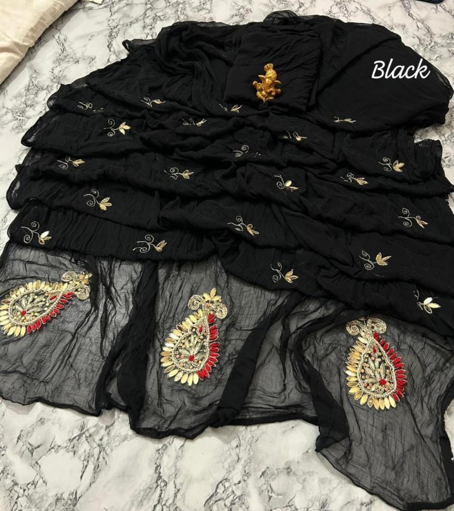 Half Pure Chiffon Handwork Jaipuri Saree with Contrast Blouse