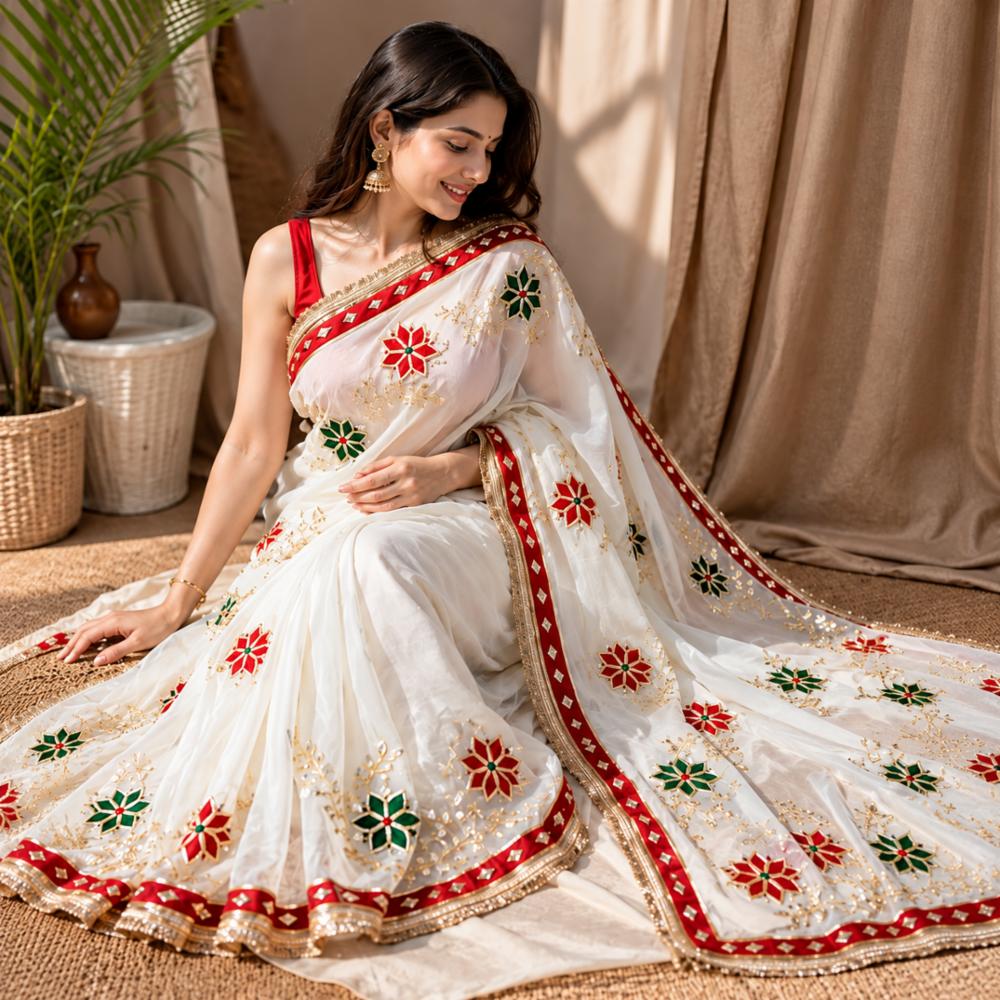 Royal Georgette Cream Saree with Gota Patti Work and Blouse