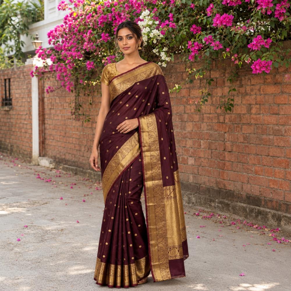 Women's Maroon Banarasi Semi-Katan Saree with Rich Golden Zari Border