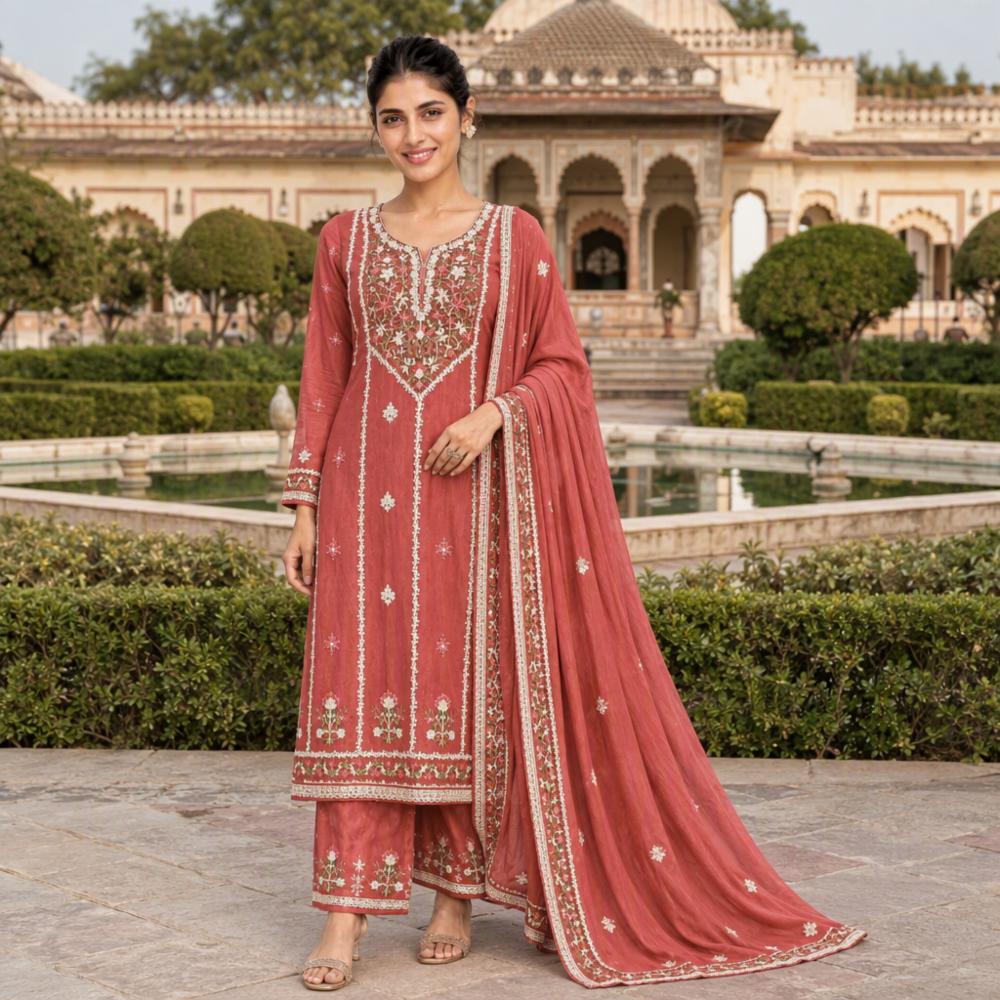 Premium Unstitched Kashmiri Embroidered Rayon Cotton Suit Set