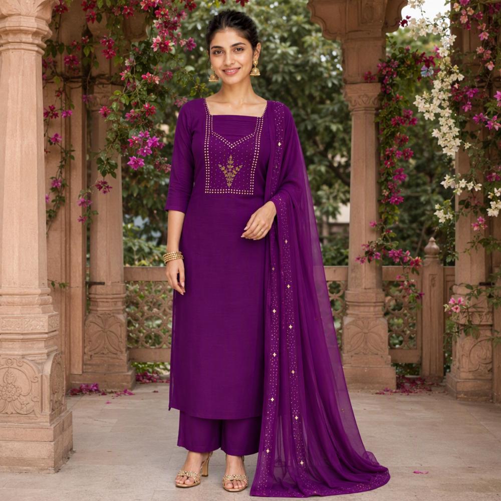 Premium Georgette Suit Set with Antique Neck Handwork & Dupatta