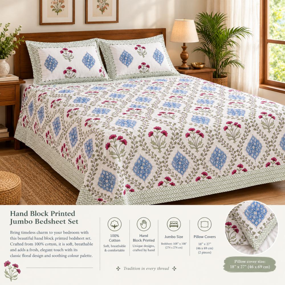 Blue and Magenta Hand Block Printed Jumbo Cotton Bedsheet set (108 x 108 inches)