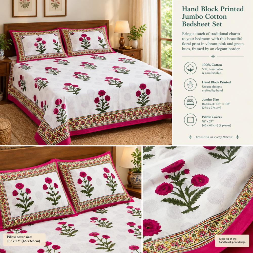 Magenta Floral Hand Block Printed Jumbo Cotton Bedsheet Set (108 × 108 inches)
