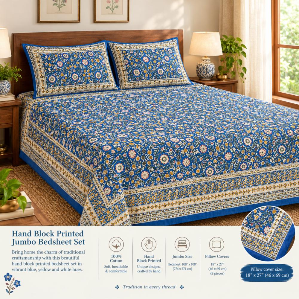 Blue Floral Hand Block Printed Jumbo Cotton Bedsheet Set (108 × 108 inches)