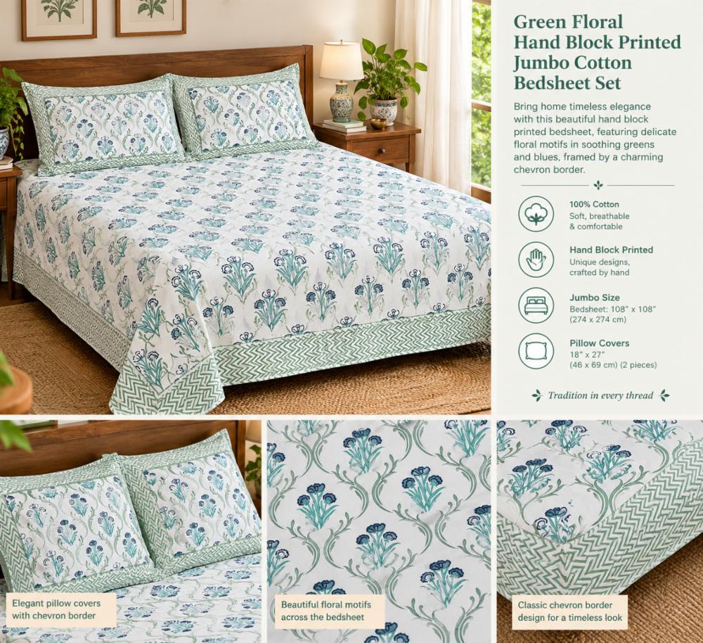 Green Floral Hand Block Printed Jumbo Cotton Bedsheet Set (108 x 108 inches)
