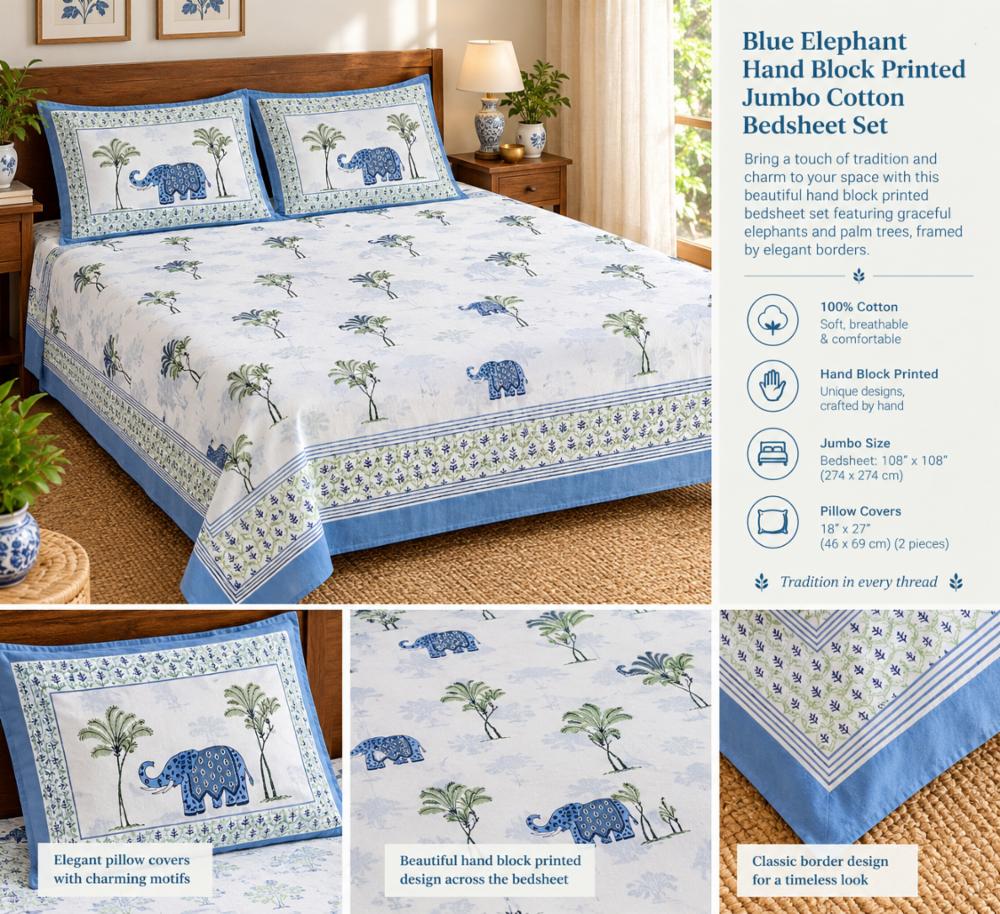 Blue Elephant Hand Block Printed Jumbo Cotton Bedsheet Set (108 x 108 inches)
