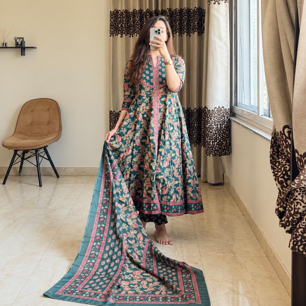 Women's Printed Cotton 3 Piece Anarkali Kurta Set with Shrug Pattern