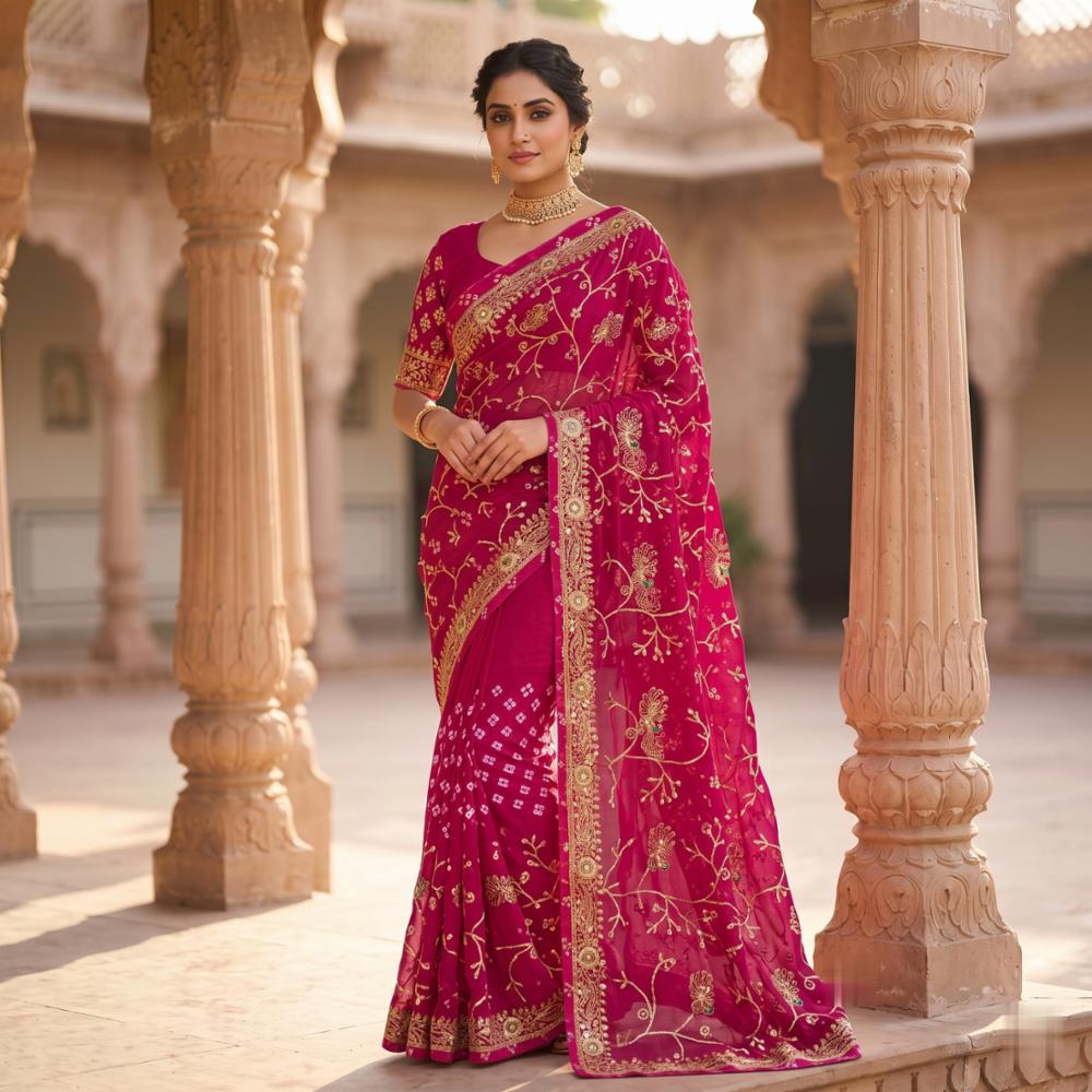 Chiffon Bandhani Embroidered Saree with Golden Border and Blouse