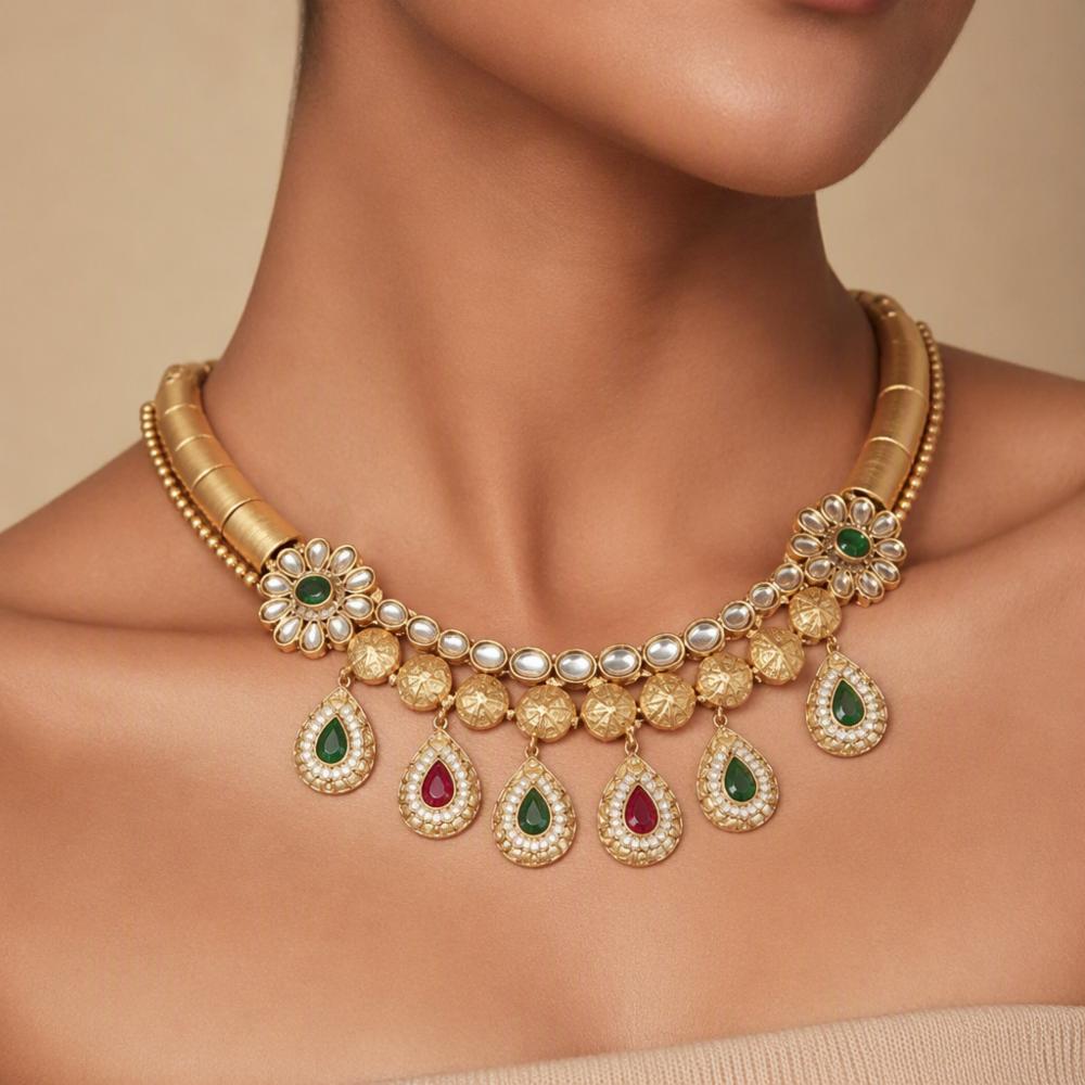 Gold-Toned Kundan Choker Necklace Set with Jhumka Earrings