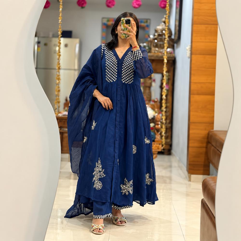 Cotton Embroidery Hand Work Anarkali Kurti Pant Malmal Dupatta Set