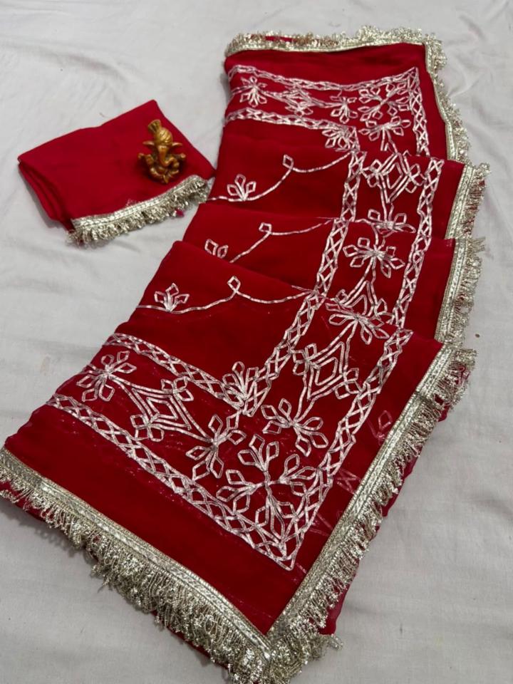 Half Pure Chiffon Gota Jaal Red Saree with Blouse Piece