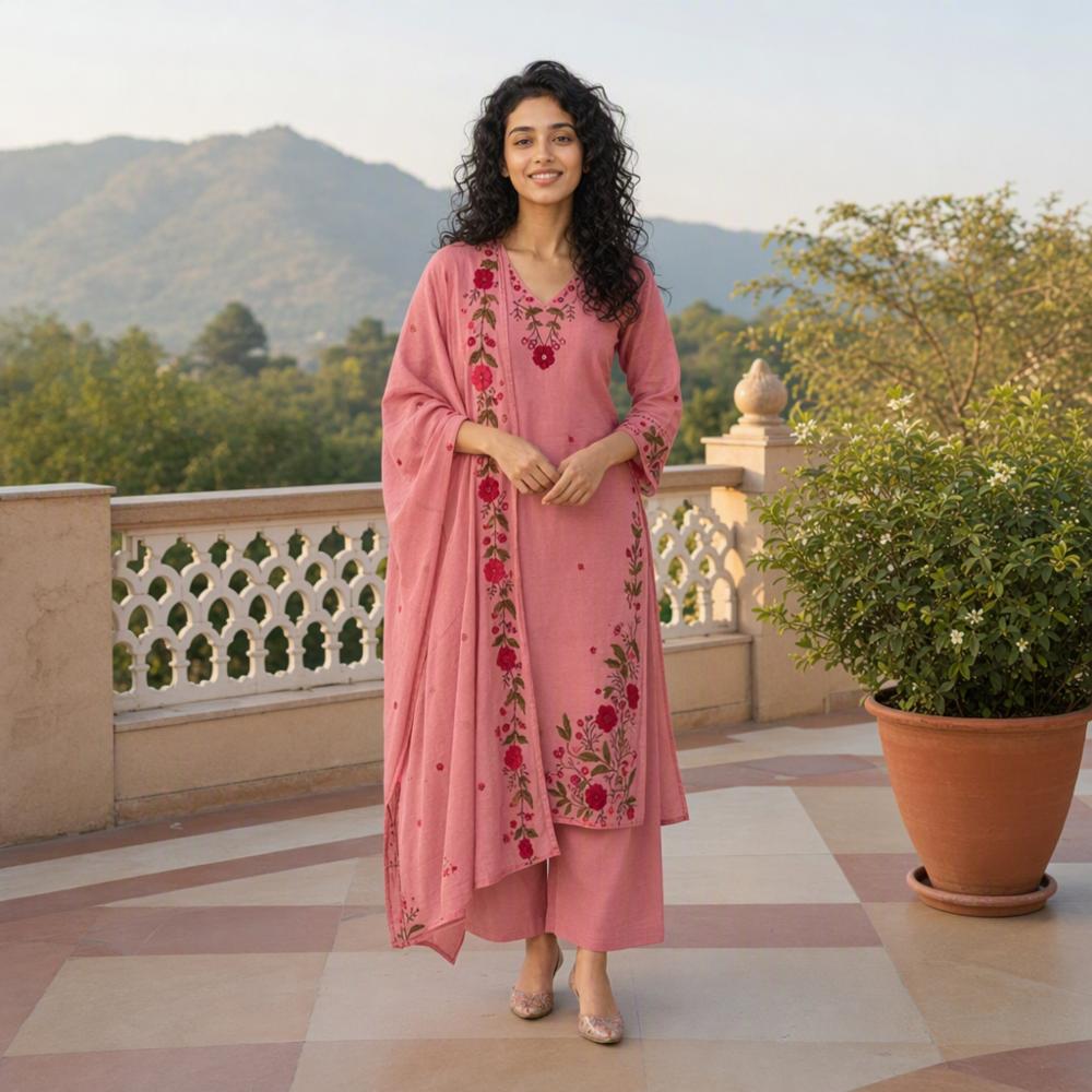 Women Pure Cotton Embroidery Kurta Pant Set with Printed Dupatta