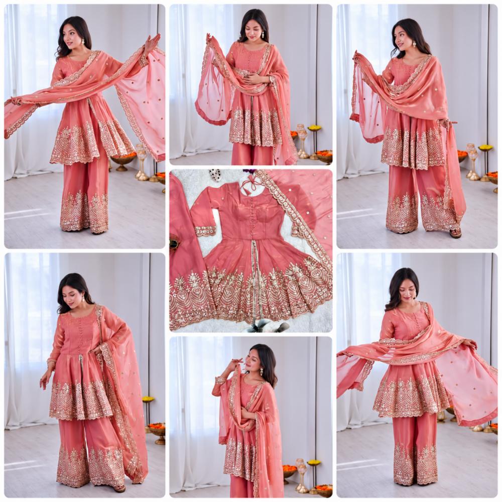Two Tone Fandy Silk Embroidered Palazzo Suit Set with Dupatta