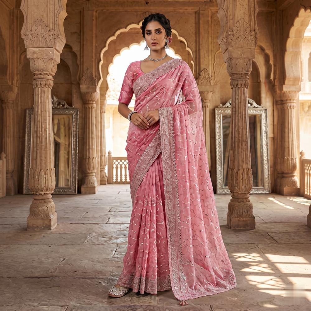 Blossom Pink Designer Saree with Silver Thread Embroidery & Heavy Floral Border