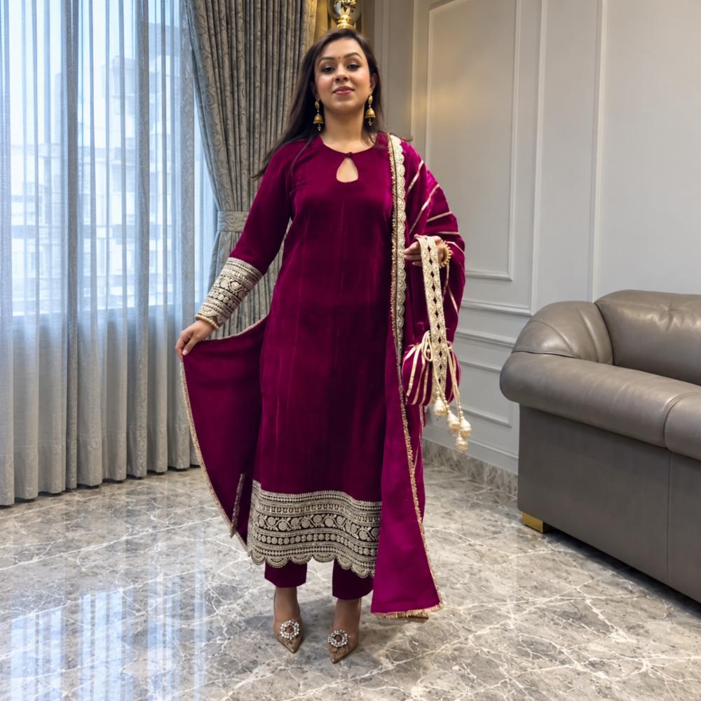 Heavy Velvet Embroidered Suit Set with Dupatta