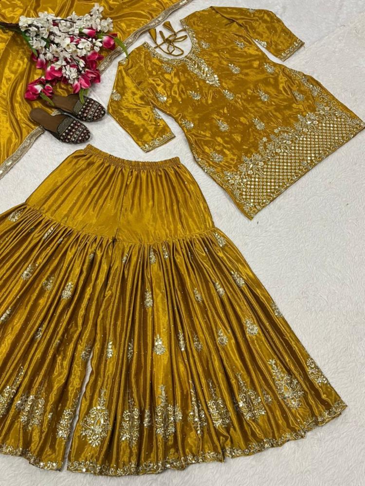 Heavy Chinon Silk Embroidery Sharara Set with Dupatta